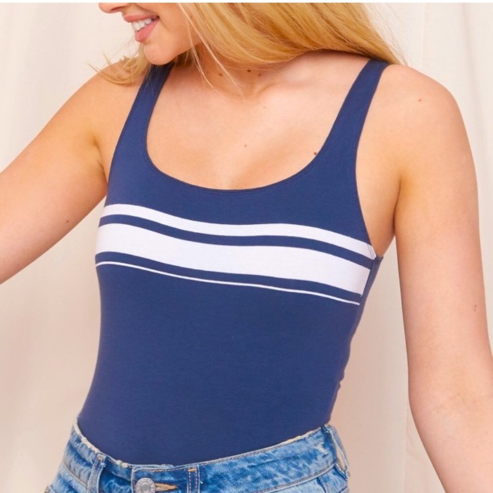 Blue and white thong bodysuit